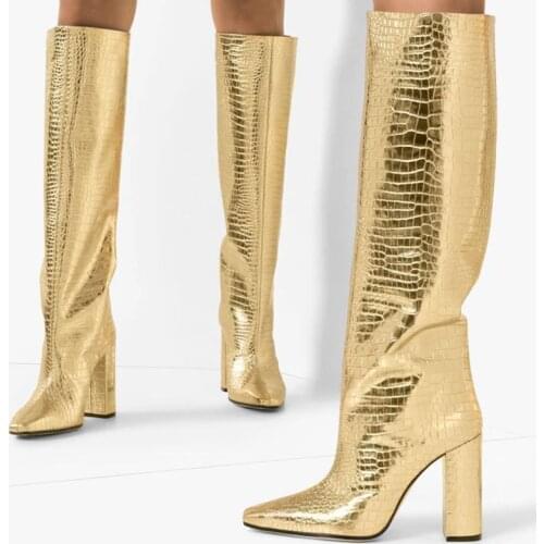 Women boots gold Crocodile skin texture embossed cowhide shoes fashion zip lady heels 2019 new designer brand women shoes