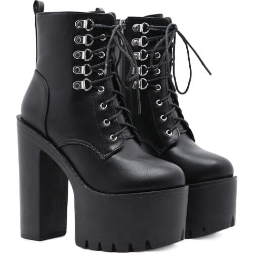 High-heeled chunky heeled ankle boots Genuine Leather Ankle Boots Round Toe Lace-up Zipper Women Short Boots Women Shoes Large