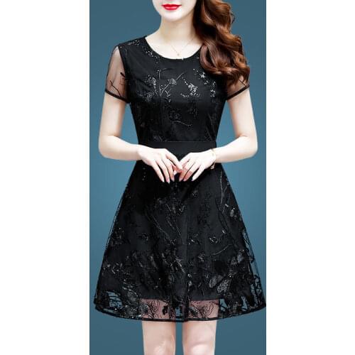 Plus Size Summer Black Slim New Women High Grade Embroidered Mesh Elegant Breathable Fashion Cocktail Dresses 9360