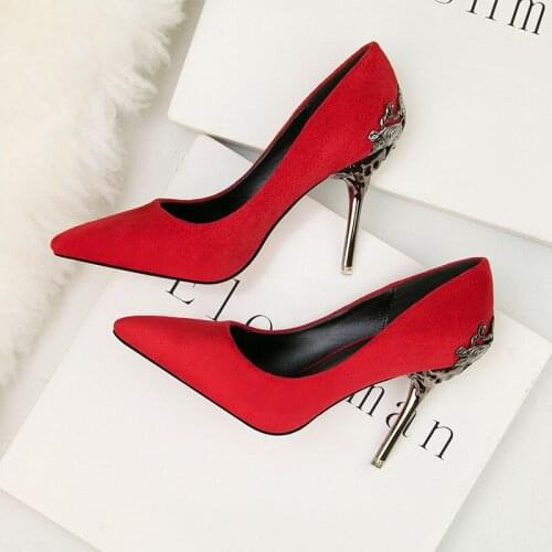 2021 Spring Women Shoes Pointed Toe Pumps Dress Shoes 10CM thin High Heels Boat Shoes Flock Frosted metal Hollow Wedding Shoes