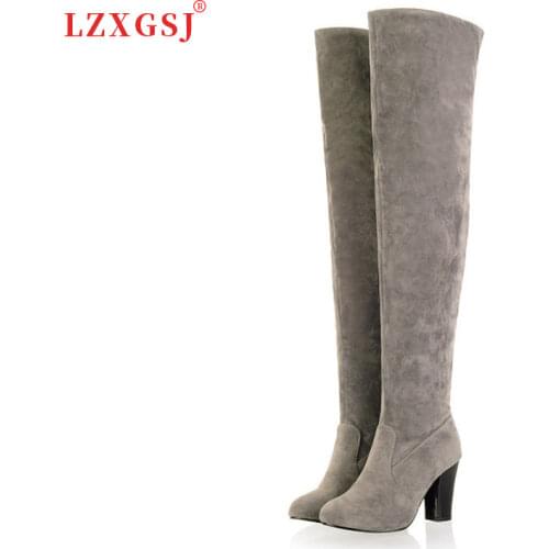 Women Shoes Suede Over Knee High Boots Fashion Chunky Square Heel Black Long Boots 2021 New Autumn Female Shoes Plus Size 43