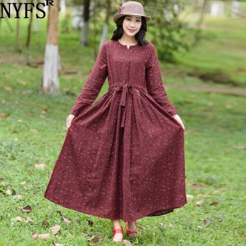 NYFS 2021 New Spring Autumn Vintage Long Sleeve Woman Dress Vestido de mujer Robe Elbise Cotton Linen floral Dresses for Women