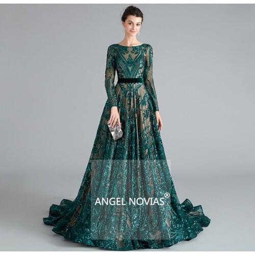 Long Sleeve Muslim Green Lace Evening Dresses 2021 Sequin Moroccan Kaftan Formal Prom Party Gown Robe De Soiree