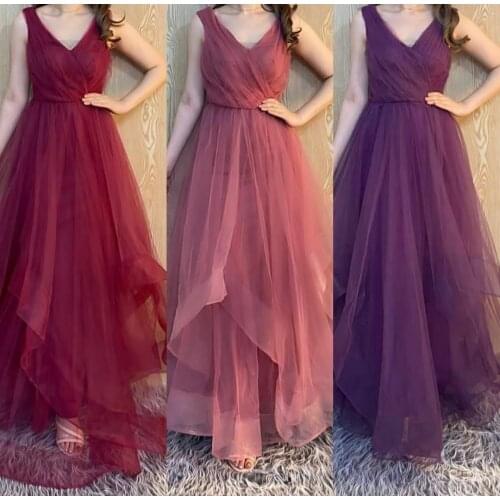 Elegant A-Line Tulle Burgundy Long Prom Dresses V-Neck Corset Back Floor Length Robe De Soiree Red Formal Party Gown
