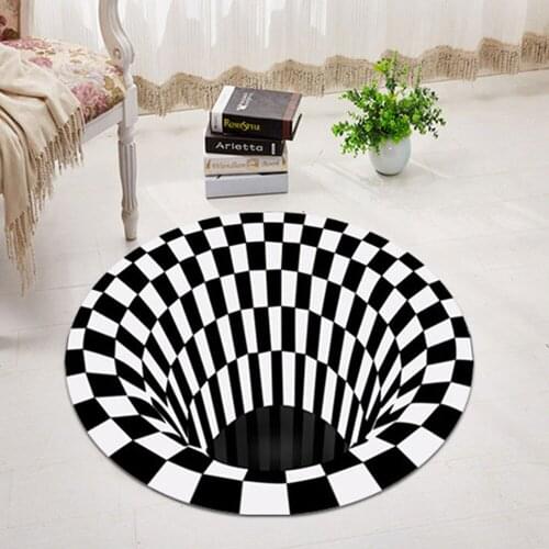 3D Space Round Carpet, Checkered Vortex Optical Illusions Anti-Slip Floor Mat Non-Woven Doormat for Living Dinning Room Bedroom