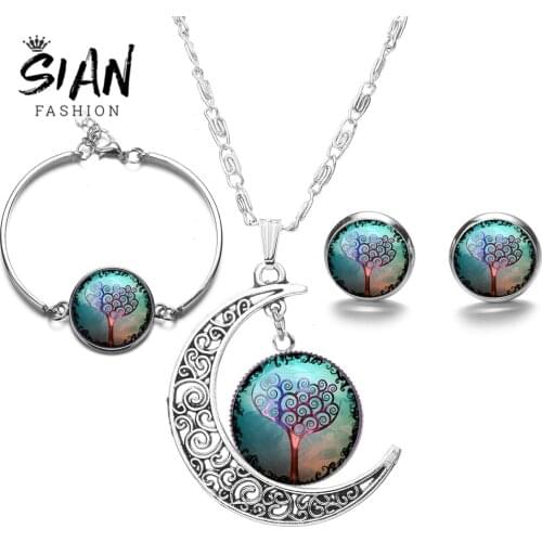 SIAN Fashion Tree of Life Jewelry Sets Silver Plated Wisdom Life Tree Necklace Earrings Bracelet Art Glass Jewellery Handicrafts