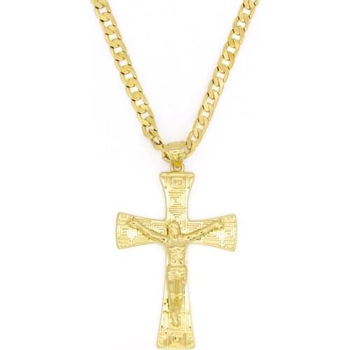 Solid 10k Yellow Gold Filled Jesus wide Cross Charm Big Pendant 55*35mm with 24" Miami Cuban Chain 600*5mm