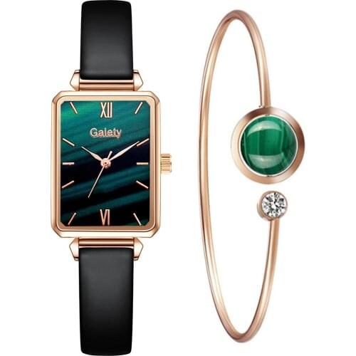 Top Brand Luxury Women Watches Fashion Square Ladies Quartz Watch Bracelet Set Green Dial Simple Rose Gold Leather Women Watches