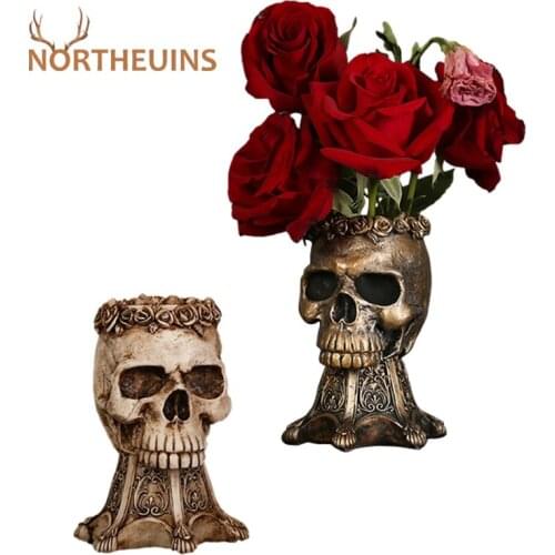 NORTHEUINS Resin Skull Flower Pot Retro Nordic Figurines Halloween Gift Home Decoration Accessories Creative Vase Desktop Decor