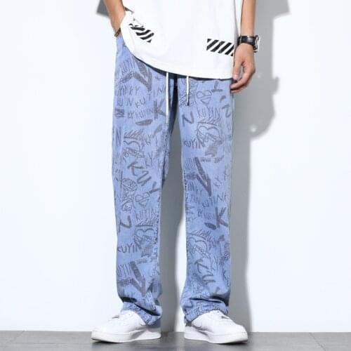 Mens Jeans 2021 Spring Autumn New Wide-Leg Jeans Trendy Brand Ins Trend Full-Print Loose Hip-Hop Straight-Leg Trousers M-5XL