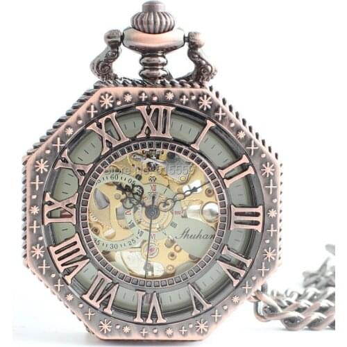 Hot Selling Fathers Day Gift Bronze Hollowed Roman Dial Mechanical Pocket Watch Vintage Hand Wind Pocket Watch Wholesale