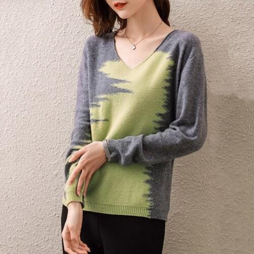 Hot Sale V-Neck Patchwork Womens Pullovers 100% Wool Knitting Jumpers Ladies 3Colors Standard Knitwears Female