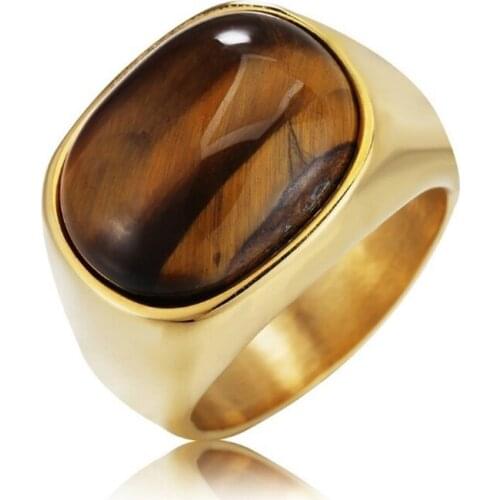 Light Yellow Gold Color Oval Shape Tiger Eye Stone Finger Ring for Cool Men Jewelry