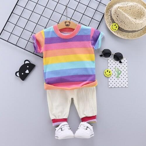 Baby Girls Clothing Sets Summer Kids Clothes Rainbow Striped Short-Sleeved T-Shirt + Cropped Trousers 2PCS Children Clothing