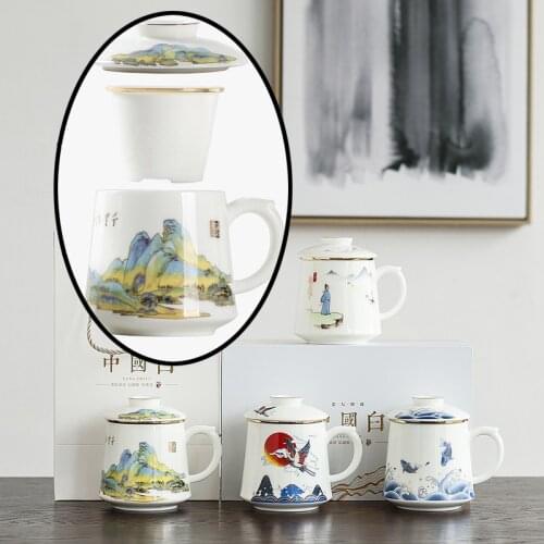 New Painted Gold Porcelain Mug Suet Jade White Porcelain Tea Cup Ceramic Filter Office Cup with Lid Tea Water Separation Tea Cup