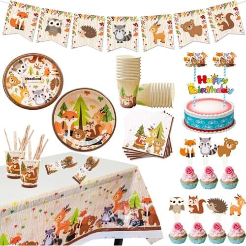 Woodland creature theme 2, kids baptism party cup tray paper towel banner birthday party decoration disposable tableware