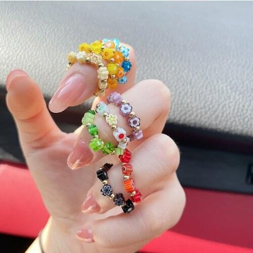 FFLACELL Summer Lovely Korean Colorful Beads Flowers Elasticity Rings for Women Girls Party Vacation Jewelry Gift Whole Sale