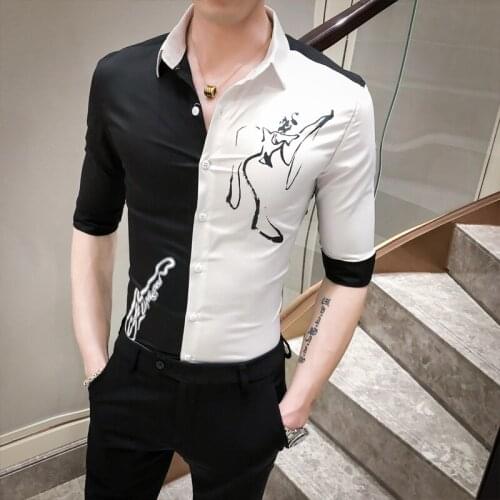 Spring Summer Fashion Patchwork Color Shirt Men 2021 Streetwear Embroidery Slim Fit Mens Social Shirts Night Club Prom Tuxedo