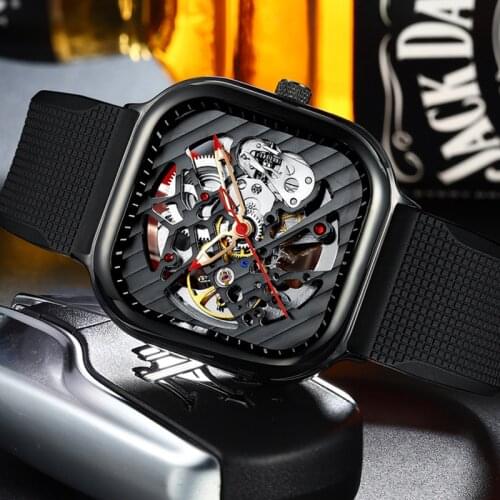 AILANG New Mens Automatic Watch Top Brand Luxury Silicone Strap Square Skeleton Hollow Dial Mechanical Men Watches Reloj Hombre