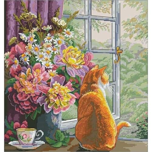Cat on the windowsill in the summer afternoon Counted Cross Stitch 11 14CT 18CT DIY Cross Stitch Kits Embroidery Needlework Sets