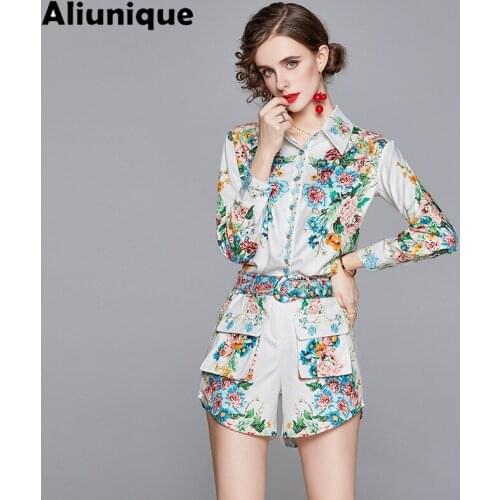 Aliunique New Two-piece Printed Shirt And Shorts For Women 2021 Fashion Leisure Temperament Short-sleeved Shirt Wide-leg Shorts