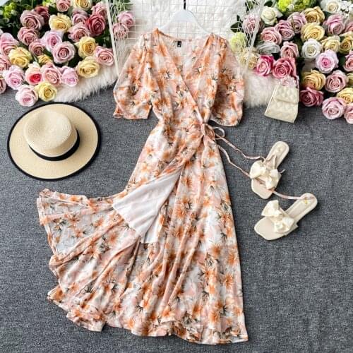 Bohemian Floral Chiffon Dress Women Summer Bohemian Flower Print Holiday Beach Midi Dresses Elegant Vestido 2020 New Robe Mujer