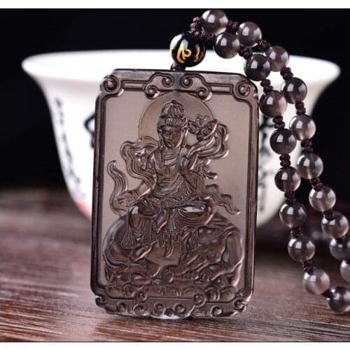 Hand Carven Buddha Amulet Real ice obsidian Samantabhadra Pendant Lucky Bead Necklace TALISMAN