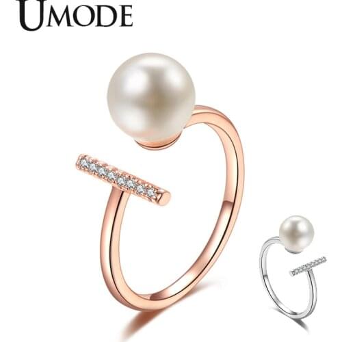 UMODE T Letter Pearl Adjustable Rings for Women Rose Gold Engagement Wedding Rings Finger Ring Luxury Brand Accessories UR0501