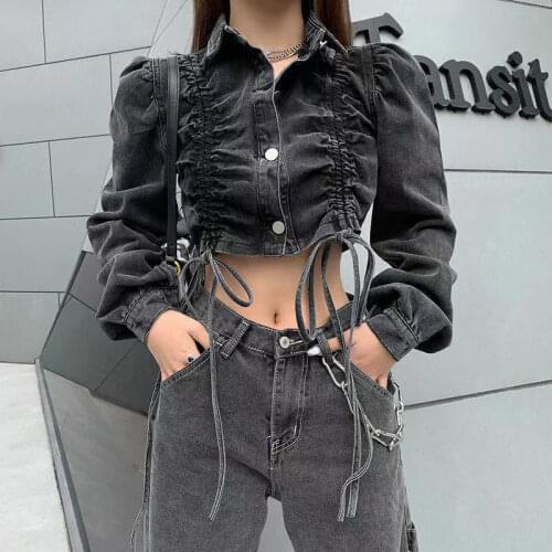 Vintage Button Short Denim Jacket Women Vintage Turn-down Collar Slim Cropped Jacket Female Drawstring Streetwear Outwear