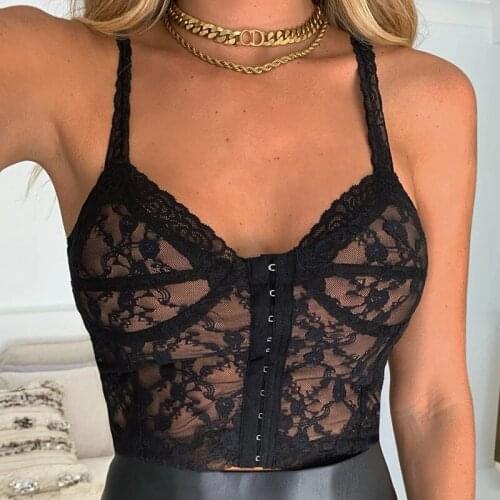 Y2K Lace Mesh Cami Top Croset Sexy Women Sleeveless Spaghetti Strap Backless Slim Fit Cropped Top Black White Summer Clothes
