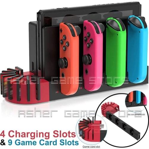 4 Joycon Charger Charging Dock Station with LED Indicator 9 Game Card Slots for Nintend Nintendo Switch NintendoSwitch Joy-Con