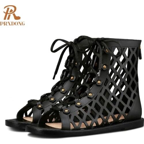 Women Boots New Fashion Brand 2021 Genuine Leather Summer Low Heel Black Sexy Rome Shoes Woman Zipper Ankle Boots Big Size 34-43