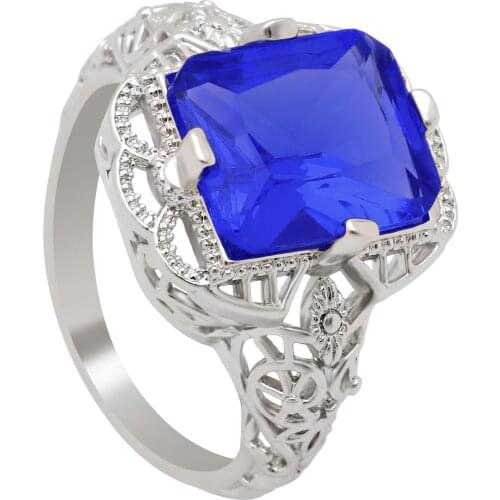 Hainon Luxury Hollow Square Royal Blue Yellow Big Square CZ Promise Wedding Rings for Women Fashion Jewelry Anniversary Gift