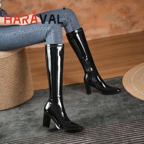 HARAVAL Women Knee-High Heels Boots Chelsea Boots Shoes Black Pointed Toe Patent Leather ELEGANT Autumn Winter Female BootsE494L