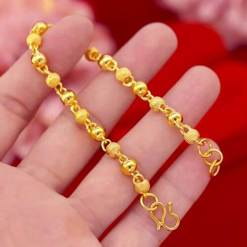 Pure Yellow Gold Color Bracelets for Women Lock & Beads Chain Bracelet & Bangles Wristband Pulseira Femme Wedding Bridal Jewelry