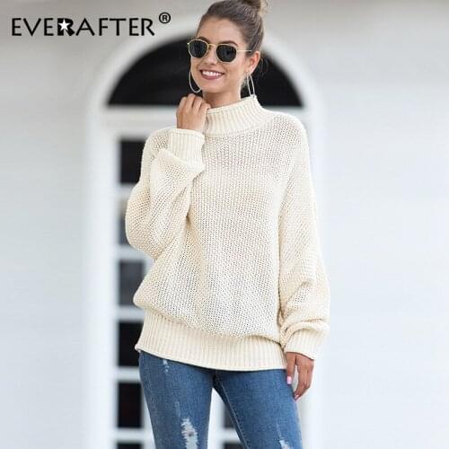 EVERAFTER 2019 Autumn winter women knitted turtleneck sweaters solid color Batwing sleeve fashion loose Femme Jumper pullovers