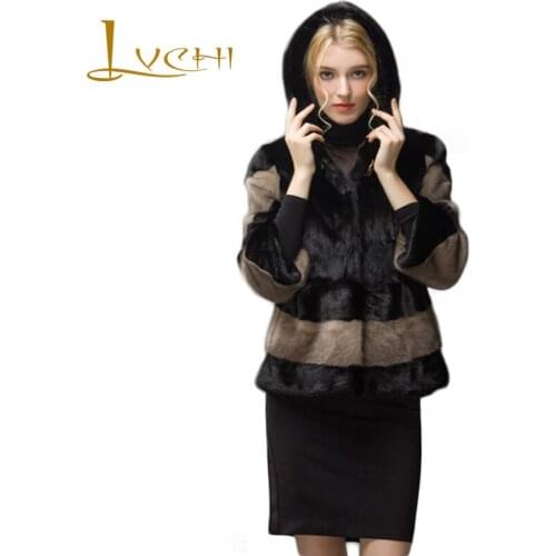 LVCHI Cross Striped Womens Real Fur Coat Leather Black White Fur Leather Hat Sashes V-Neck Full Pelt Mink knitted Mink Coat