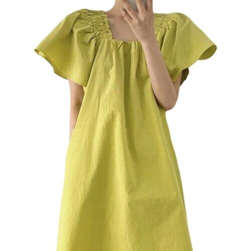 Women Summer Lazy Fashion Chic Simple Dress Short Flare Sleeve Square Collar Loose Casual Dress Retro Green Pink Midi Dress