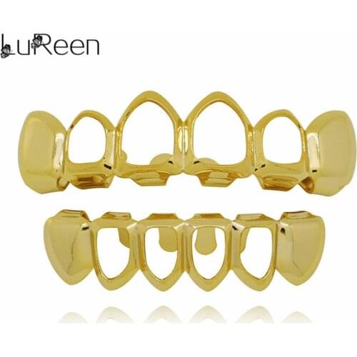 LuReen Rapper Hollow Out Teeth Grillz Top Bottom Gold Silver Color Dental Grills Vampire Fangs Tooth Caps Mouth Jewelry Gift