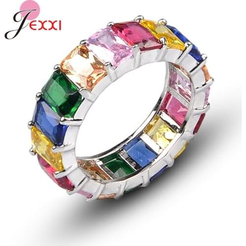 2New Trendy 925 Sterling Silver Finger Ring Nice Colorful Austrian Crystal Square Cut Shape Women Nigh Club Party Accessory
