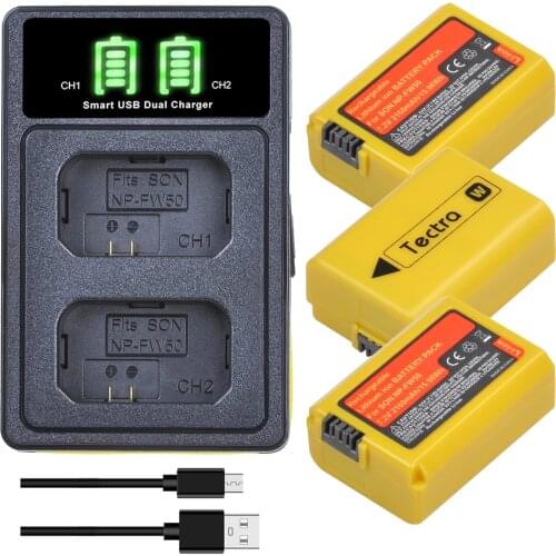 Tectra 3pc NP-FW50 NP FW50 Battery+LED Dual USB Charger for Sony Alpha a6500 a6300 a6000 a5000 a3000 a7 7R a7R a7R II a7II