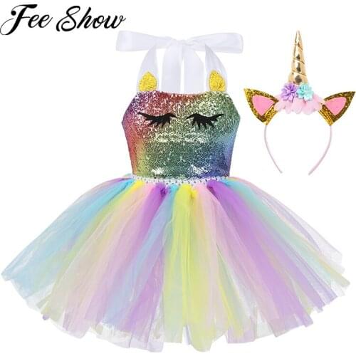 Kids Girls Colorful Halter Shiny Sequins Cartoon Mesh Tutu Dress with Hair Hoop Set for Carnival Cosplay Party Costume Dress Up