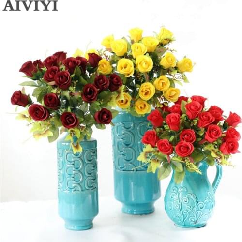 18 gold cup buds Artificial flower rose bouquet fake rose bud silk cloth flowers wedding home decor desk christmas decorations