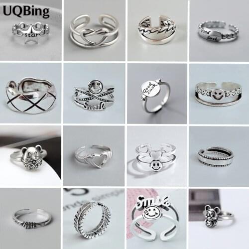 925 Sterling Silver Vintage Handmade Smile Face/ Mouse/Heart/Letter/Feather Finger Rings For Women Christmas Gifts Jewelry