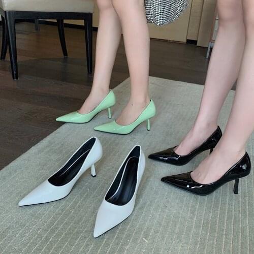 Japanned Leather pumps woman shallow talons shiny office sapatos femininos mature pointed toe stiletto high heels shoes women