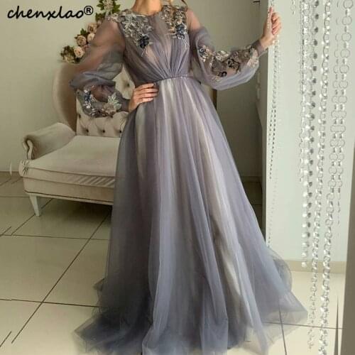 Muslim Evening Dresses Sheer A-Line Jewel Neck Full Sleeves Lace Appliques Pleat Floor Length Evening Party Dress Vestidos