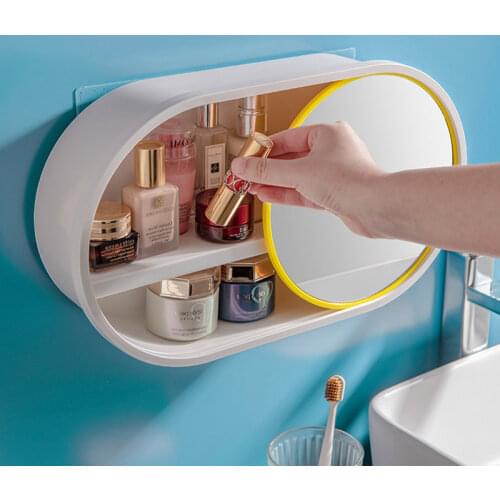 Simple Wall-mounted Cosmetic Storage Box Bathroom Toilet Rack Free-perforation Creative Vanity Organizer With Mirror Storage Box