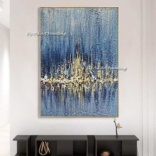 Knife painting Handmade Abstract blue Golden Simple Pretty Canvas Wall Art Picture For Living Room Aisle Modern Home Decor