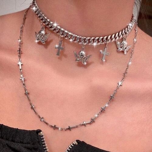 Ornament Europe America Cross Border Personalized Hip Hop Cross Chain Street Shot Fashion Angel Pendant Multi-layer Necklace