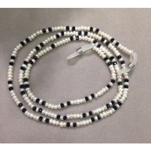 Wholesale 2-3MM Natural fresh water Pearl necklace for glasses black crystal and white pearl mixed flat round 20pcses/lot